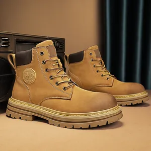 Premium genuine leather platform yellow work boots with high-top rugged lace-up design