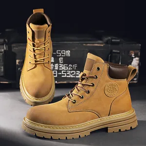 Classic genuine leather thick-sole outdoor work boots in a rugged tan yellow finish
