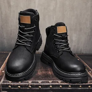 Durable black leather high-top work boots with thick soles and rugged outdoor design