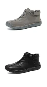 Hand-stitched men's high-top casual Martin boots in grey and black leather options