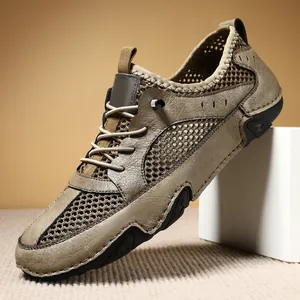 Heren Casual Sportschoenen Echt Rundleer Ademend Mesh Octopus Rubberen Zool Handgenaaid Antislip Sneakers