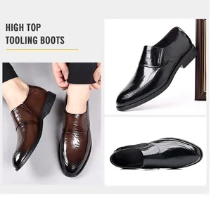 Detailed view of polished black and brown leather business slip-on shoes for men