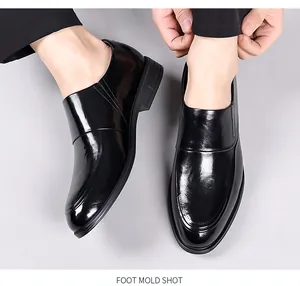 Detail shot of glossy black leather slip-on dress shoes for men's business wear