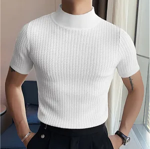 Detailed macro view of men's white high-neck knitted T-shirt with water ripple texture