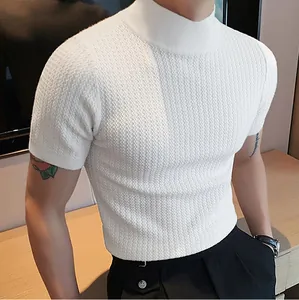 Close-up detail of white water ripple textured mock neck knit T-shirt showing fabric quality