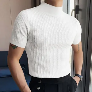 Close-up of men's white mock neck short sleeve t-shirt with ripple knit texture