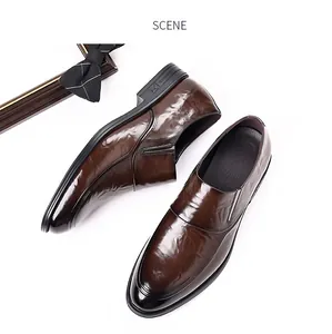Polished brown leather business slip-on shoes for formal wedding attire and office wear