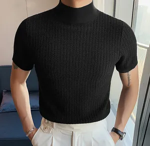 Close-up of black mock neck knit T-shirt featuring a unique water ripple texture