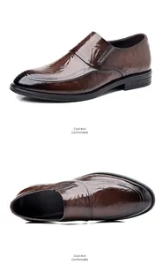 Detailed view of premium men's brown leather business dress shoes with slip-on design