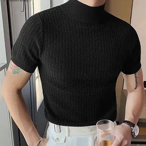 Close-up detail of a black high-neck knitted men's T-shirt with water ripple texture