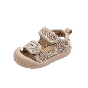Breathable beige mesh infant sandals with closed toe and soft non-slip sole for toddlers