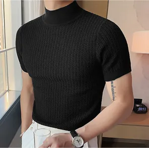 Close-up of men's black high-neck knit T-shirt featuring a unique water wave texture.