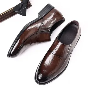 Men Business Formal Genuine Cowhide Leather Shoes Slip-on Pointed Toe Wedding Groom Shoes Wear-resistant Rubber Sole Office Loafers
