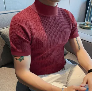 Close-up detail of men's burgundy mock neck knit t-shirt featuring wave pattern texture