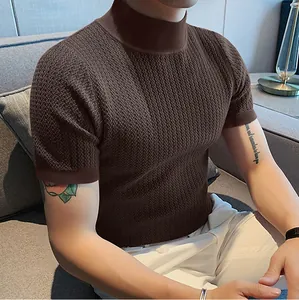 Close-up detail of a brown short-sleeve knitted turtleneck with water ripple texture