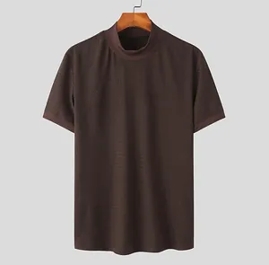 Premium men's mock neck knit T-shirt with a detailed water ripple texture in coffee brown