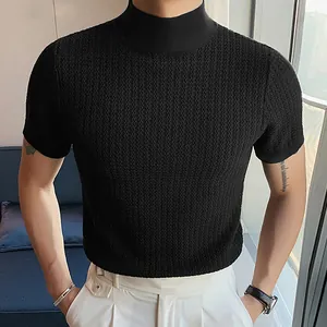 Slim fit men's mock neck knit t-shirt with black water ripple texture for summer