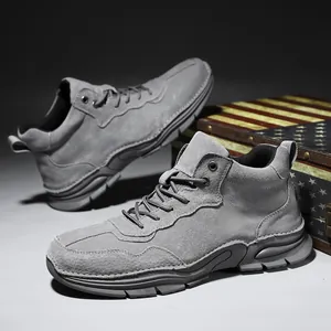 Bottes Martin montantes en cuir gris pour hommes avec semelles extérieures robustes