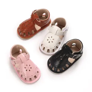 Close-up detail showing baby girl soft sole sandals in four vibrant different colors