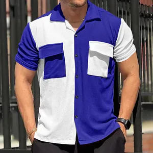 Detail of men's blue and white color block waffle knit short sleeve casual beach shirt