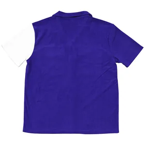 Back view of men's color-block corduroy short-sleeve beach shirt in purple and white