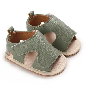 Baby boy soft sole walking sandals in olive green faux leather for summer