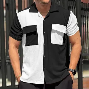 Detail of a color-blocked casual short-sleeved shirt with breathable textured fabric