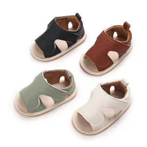 Display of toddler walking sandals in four colors featuring soft leather textures