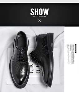 Detailed view of men's black leather brogue shoes with breathable hollow design