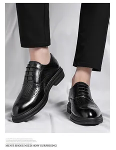 Detailed view of men's black brogue shoes with elegant wingtip perforations