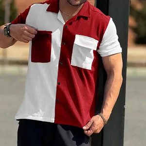 Close-up of men's red and white color-block ribbed short sleeve shirt with pockets
