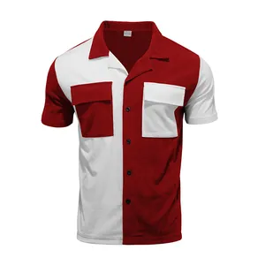 Detail view of men's color-block corduroy short sleeve shirt with chest pockets