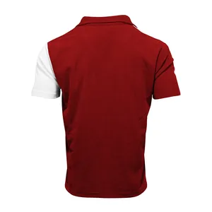 Detailed back view of a men's casual color-blocked corduroy shirt in red and white