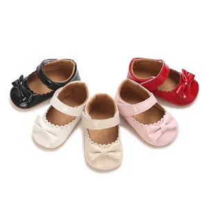 Zapatos de princesa de PU suave para bebés niñas con lazos en cinco colores vivos