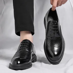 Men Business Regenerated Leather Brogue Shoes Breathable Hollow Height Increasing Elevator Shoes For Wedding Party Office