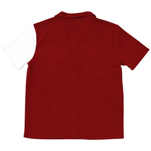 Back view of men's burgundy and white color-block corduroy short-sleeve casual shirt