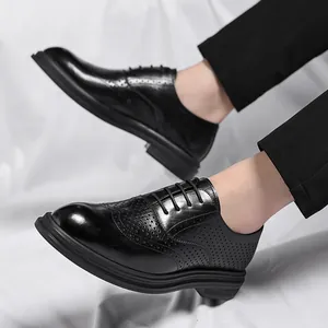 Black men's Brogue shoes with perforated design and height increasing sole for business