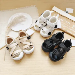 Close-up of monship toddler walking sandals featuring breathable mesh and velcro