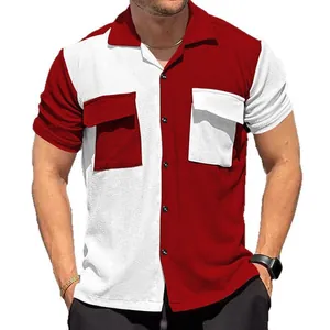 Stylish men's red and white color-block short sleeve button-down casual beach shirt