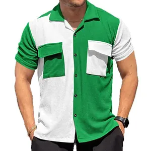 Men's green and white color-blocked short-sleeve shirt with breathable waffle texture