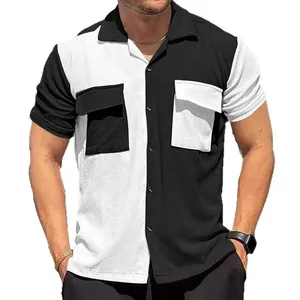 Men's breathable color-block short sleeve button-down casual shirt for beach wear.