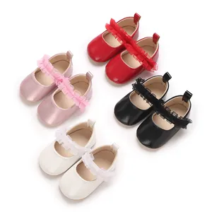Chaussures de Princesse pour Bébés Filles Dentelle Volants Cuir PU Semelle Souple Antidérapante Chaussures de Marche 0-1 An