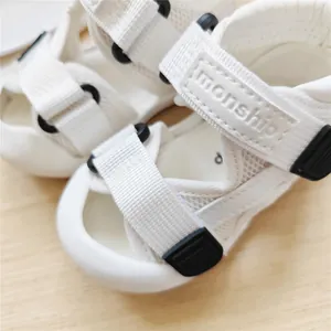 Detailed view of monship baby walking sandals with mesh upper and velcro strap