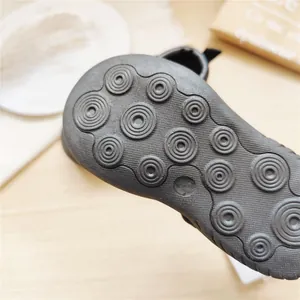Close-up of anti-slip rubber sole with circular grip pattern on toddler walking sandal
