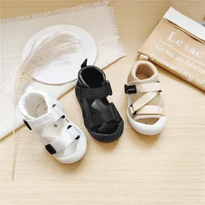 Breathable closed-toe toddler walking sandals with velcro straps in white black and beige colors