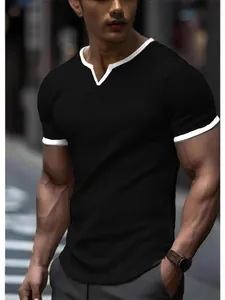 Men Casual V-Neck Short Sleeve Top Urban Fashion Solid Color Polyester Grid Texture Stitched T-Shirt For Daily Sports Men