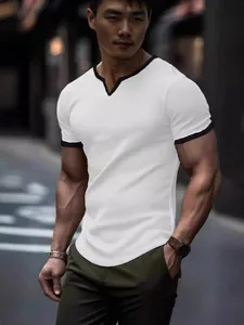 Muscle fit men's white V-neck T-shirt with black contrast trim and textured fabric