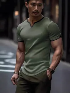Premium men's olive green waffle knit V-neck T-shirt with stylish textured fabric