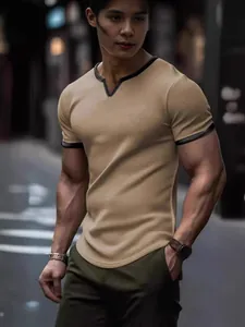 Men's khaki V-neck short sleeve T-shirt with black trim and grid waffle fabric