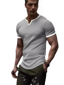 Men's grey V-neck T-shirt with white trim and textured lattice fabric
